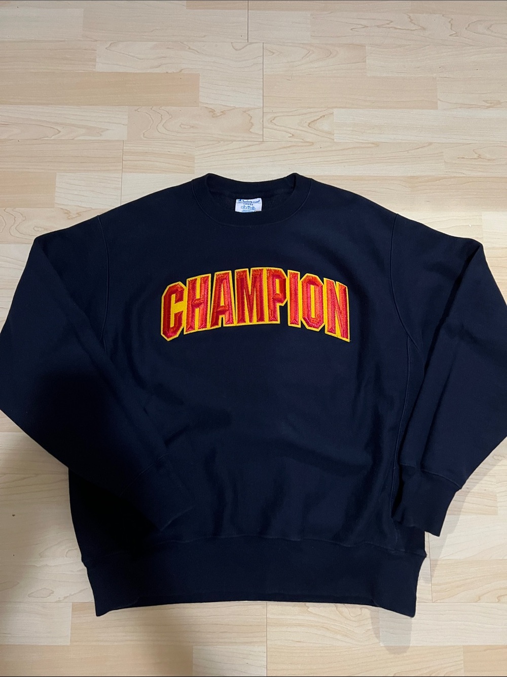 Champion Reverse Weave Navy Crewneck Sweatshirt with Red and Gold Logo